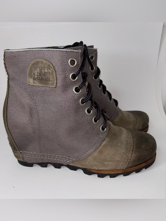 Sorel Shoes - Sorel PDX Wedge Lace Up Ankle Boots Grey Brown Leather Coated Canvas Women's 9.5